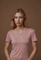 Obraz premium Blonde fashion model posing in pink v neck t shirt on brown background