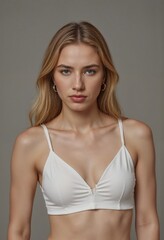 Blonde fashion model posing in white top on grey background