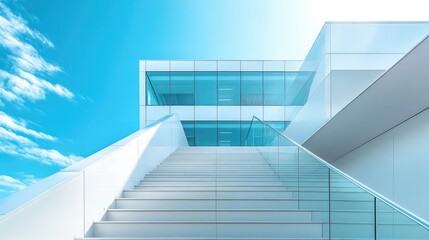 Obraz premium Modern Minimalist Architecture with White Stairs Leading to a Glass Building Under a Clear Blue Sky