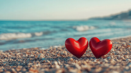 Fototapeta premium Two red hearts placed on a sandy beach by the ocean during sunset, symbolizing love and romance in a tranquil seaside setting