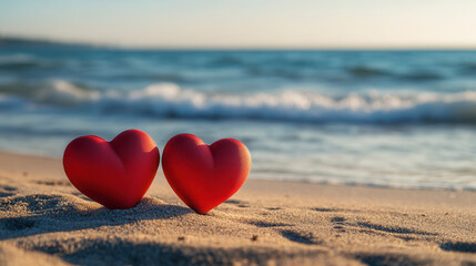Fototapeta premium Two red heart-shaped objects on sandy beach with gentle waves and sunset glow in the background, symbolizing love and romance
