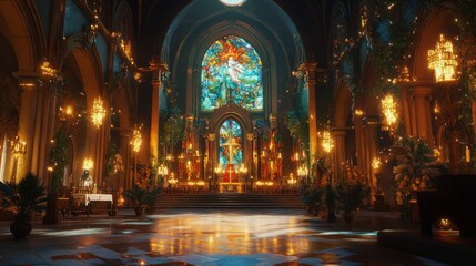 Obraz premium Ancient Cathedral with Bioluminescent Stained Glass