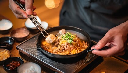 Faceless man eat Gyeran Bbang in restaurant with bokeh background. Korean Food.