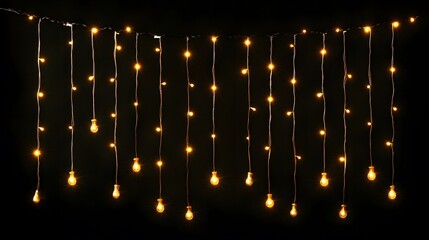 Golden Christmas Lights Hanging Against a Black Background