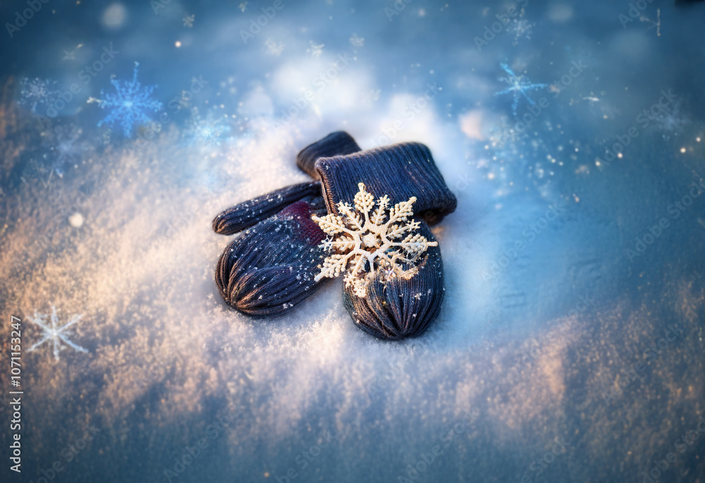 Poster a pair of knitted mittens rest on a snowy surface with a decorative snowflake resting on top.