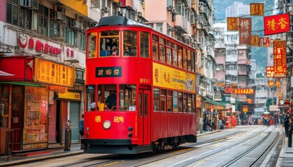 Red Tram Navigating a Bustling Street With Traditional Chinese Architecture in Hong Kong