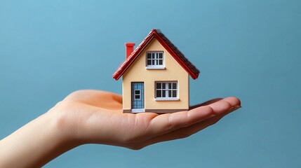 Hand holding a small model house against a blue background.