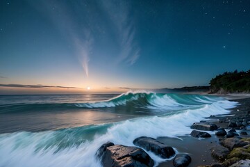 Sparkling bioluminescent waves crashing along a moonlit beach
