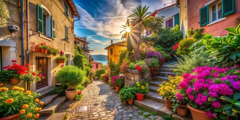 Fototapeta premium Serene Street View in Tellaro with Flowery Gardens and Cozy Walkway Capturing the Essence of Urban Exploration and Natural Beauty in a Picturesque Coastal Village