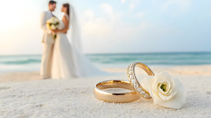 Two golden wedding rings with couple in background on beach