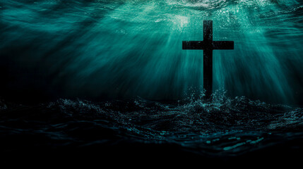 Fototapeta premium A submerged cross illuminated by rays of light in deep water, capturing a moment of tranquility and reflection