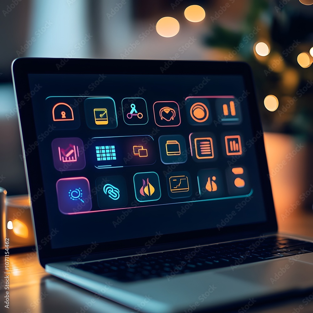 Poster a laptop screen displaying colorful app icons