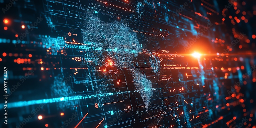 Poster A digital world map with glowing lines and data points, representing global connectivity and digital transformation.