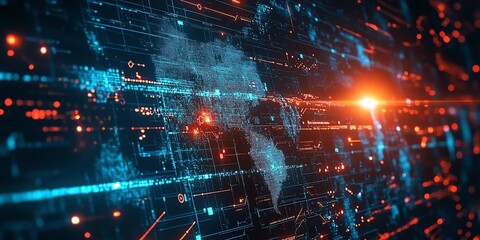 Obraz premium A digital world map with glowing lines and data points, representing global connectivity and digital transformation.