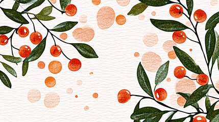 A vibrant illustration featuring orange berries and green leaves, set against a light background, creating a fresh and lively botanical aesthetic.