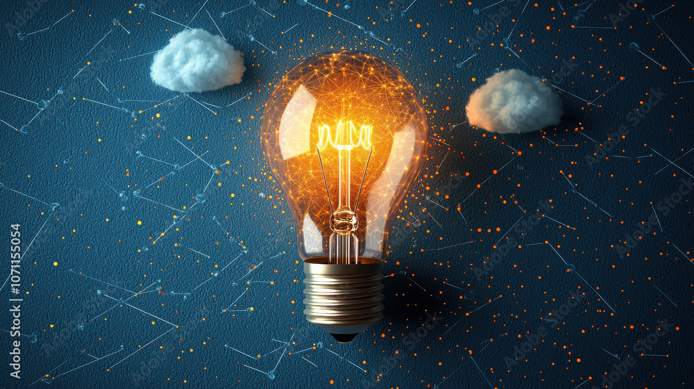 Poster light bulb glowing with connections and clouds in starry background