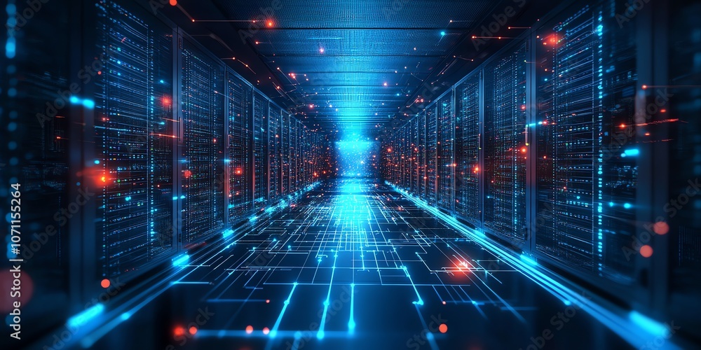 Poster Futuristic server room with glowing blue and red lights, representing data flow and network connectivity.