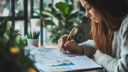 A woman analyzes financial reports while seated in a cozy café surrounded by greenery during the afternoon