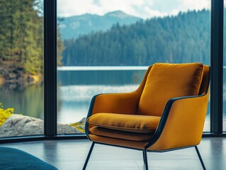 Fototapeta premium Chic Mid-Century Modern Chair Against a Serene Lake View