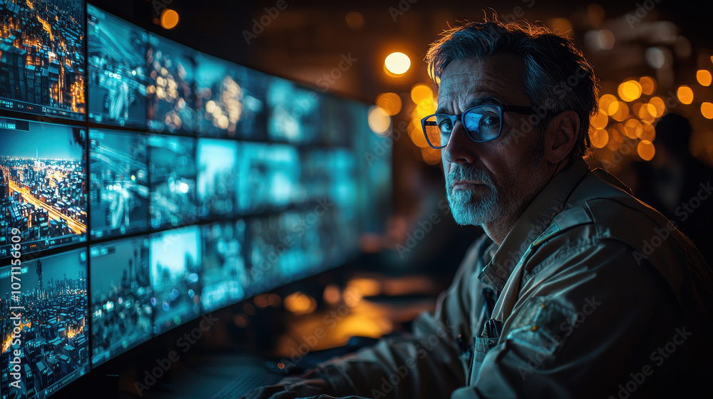 Poster focused man monitoring multiple screens in control room