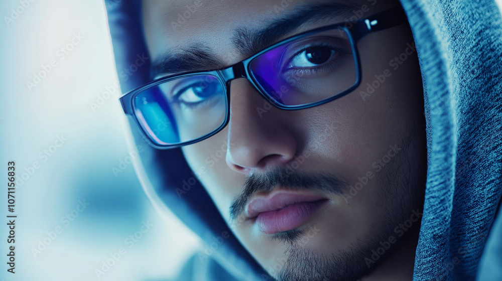 Poster young programmer creating a dangerous virus in a dark room, emphasizing cybercrime and digital risks