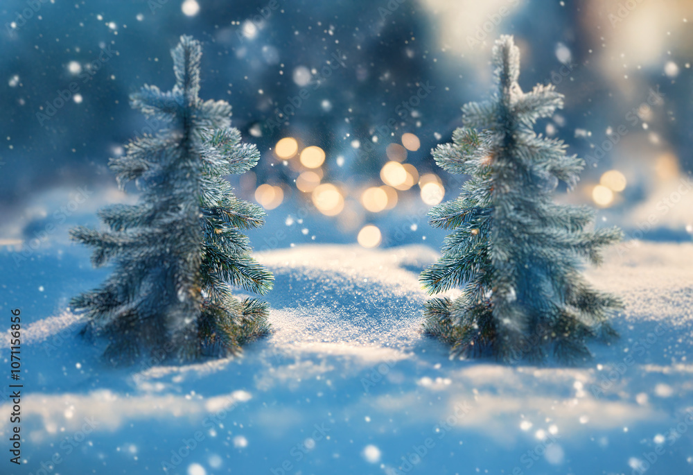 Poster two small evergreen trees covered in snow stand in a field of pristine white snow with a background 