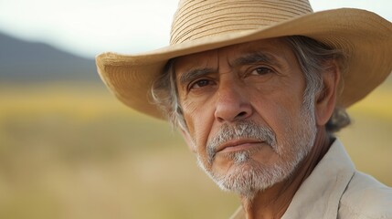 Fototapeta premium Close-up portrait of a determined-looking senior farmer wearing a straw hat, standing in a field, possibly contemplating the harvest or the challenges of agriculture