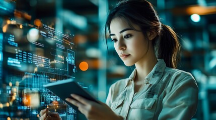 Young woman analyzes data using technology tools