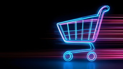 Neon Blue Shopping Cart with Pink Light Trails on Black Background