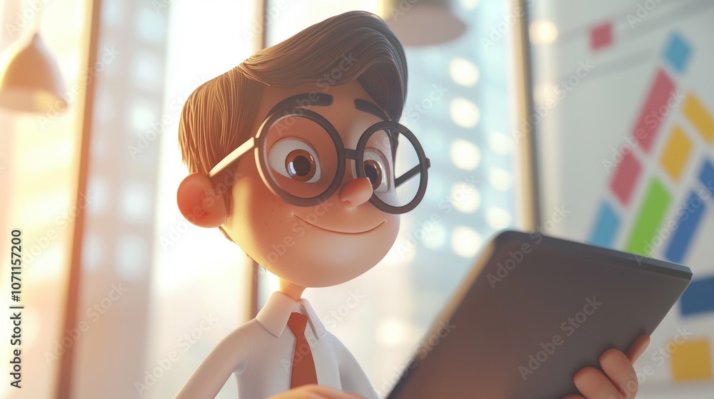 Poster cartoon businessman with round eyeglasses and red tie smiling while using tablet in a modern office 