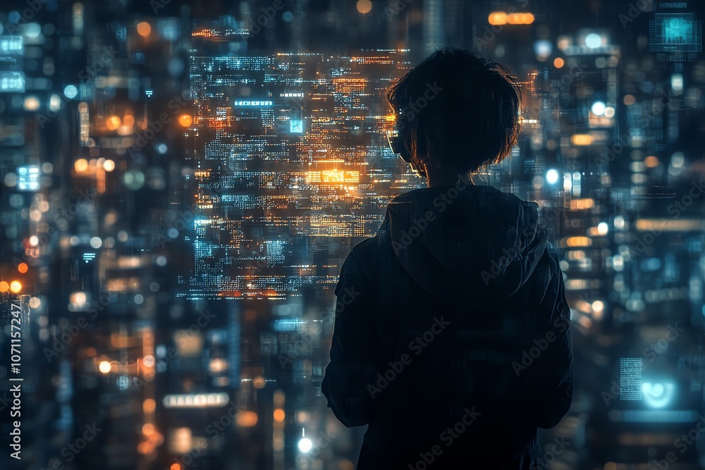 Leinwandbilder A person wearing a hoodie stands in front of a screen displaying code and digital data, with a city skyline in the background.