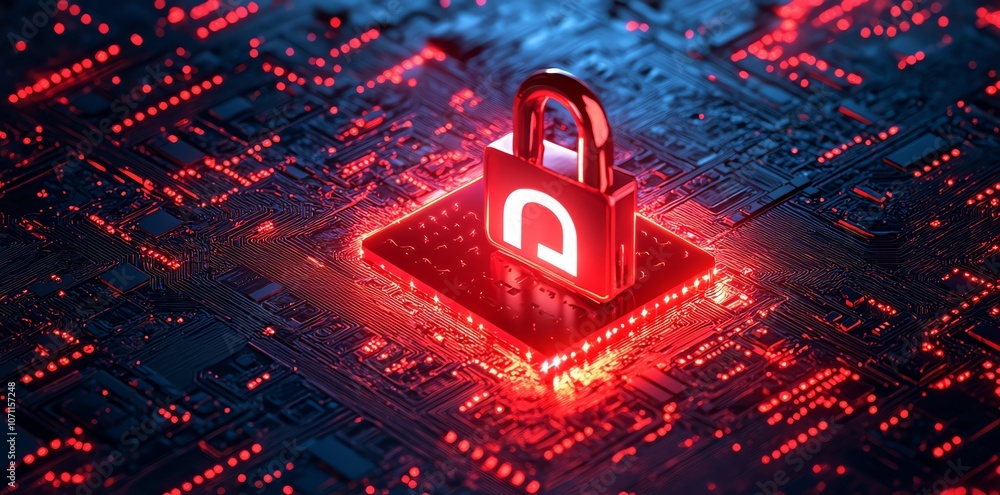 Poster red padlock on circuit board with glowing light, symbolizes data security and cyber protection.