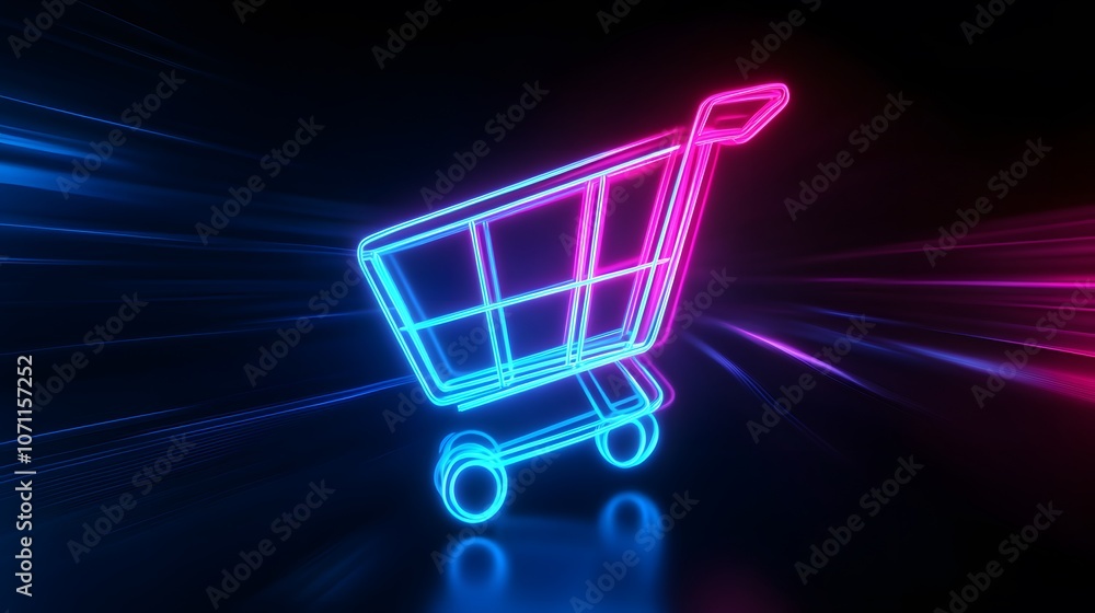 Poster neon shopping cart symbol with glowing lines in dark background