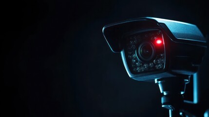Indoor security camera with red sensor light on, with minimalist dark background. The focus is sharp at night, and the lighting highlights details