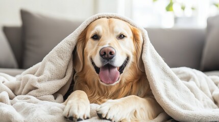 Obraz premium A dog is laying on a blanket with its head under a towel