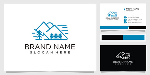 Creative line landscape mountain tree logo design concept