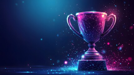 A Wireframe Trophy with Glowing Lights and Particles