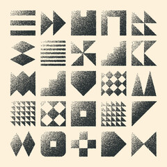 Fototapeta premium Brutalist geometric shapes, dotted objects. Stipple elements modern symbols. Simple primitive forms. Retro design, trendy contemporary minimalist style, y2k. Dot shading, drawing. Vector illustration