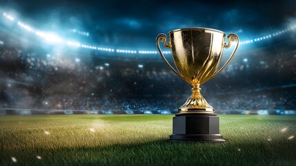 Golden Trophy on a Green Field with a Stadium in the Background