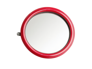 Round red mirror with glossy finish, isolated on a white background, transparent background.