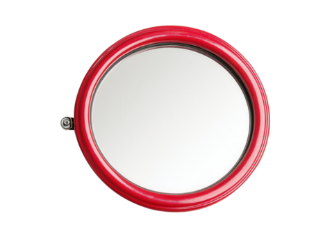 Round red mirror with glossy finish, isolated on a white background, transparent background.
