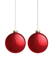 Red Christmas ornaments hanging with festive sparkle and shine isolated on a white background, transparent background.