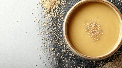 Creamy Tahini Sauce in Rustic Bowl Surrounded by Roasted Sesame Seeds on Modern Light Background. Nutty Flavor, Culinary Ingredient, Healthy Vegan Dressing