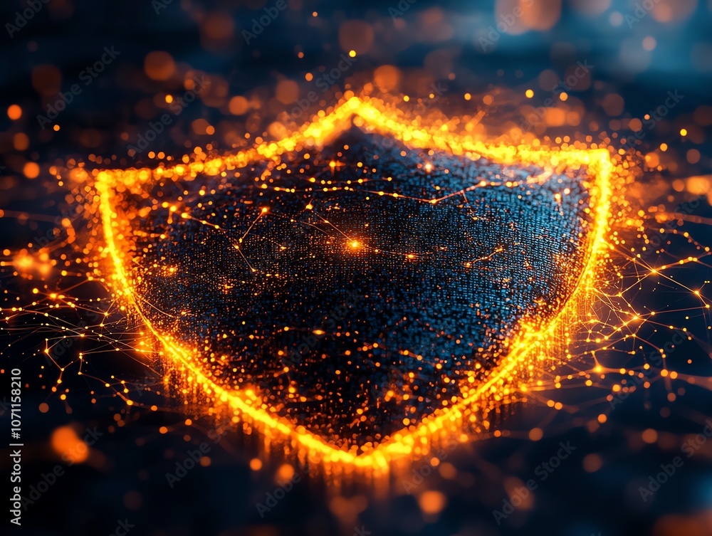 Poster a glowing shield made of particles and lines, symbolizing protection and security.
