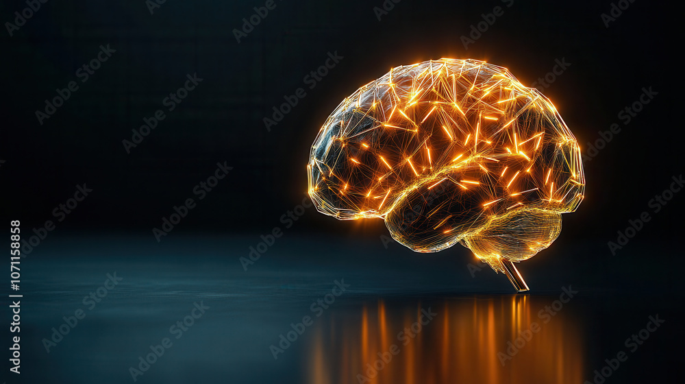 Poster 3d rendering of brain sculpture crafted from glowing lines and nodes, symbolizing neural connections