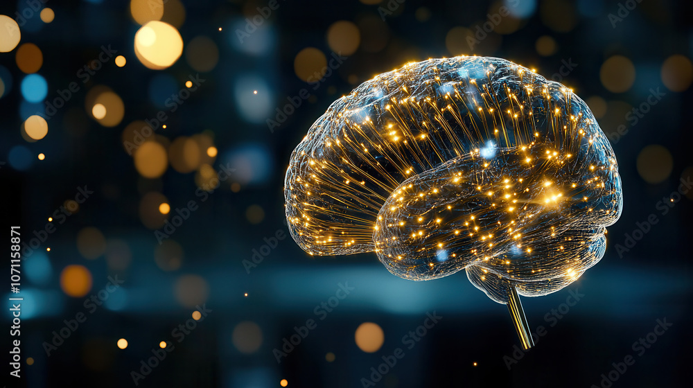 Poster 3d rendering of brain sculpture with glowing connections and lights, symbolizing intelligence and cr
