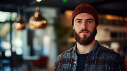 Fototapeta premium Portrait of a Young Man with a Beard in a Cozy Café Setting