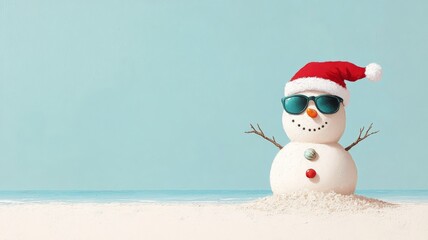 A playful sand snowman built on the beach, complete with sunglasses, a Santa hat, and seashells for buttons