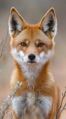 Fototapeta premium A close-up portrait of a red fox with large ears and intense golden eyes, looking directly at the camera.