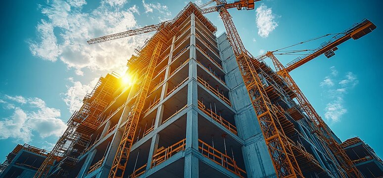 Low angle view of a building under construction with cranes against a bright blue sky.